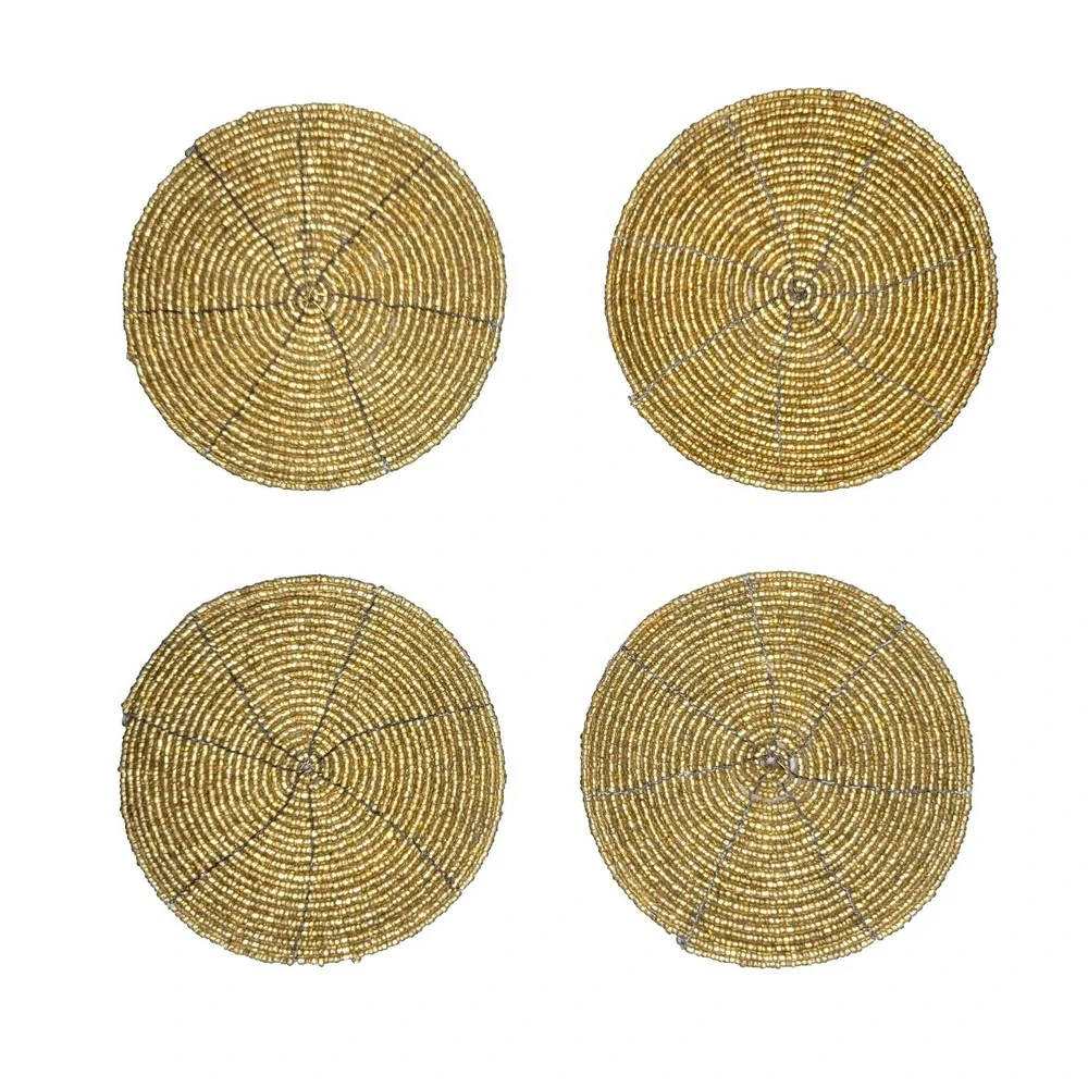 4 Piece Decorative Coaster Set Boho Glass Beads Art Gold Tone Table Decor 4